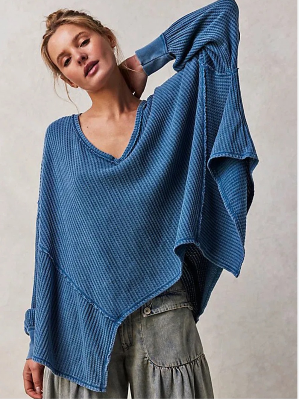 Free People We The Free Coraline Thermal Waffle Knit Blue Top XS Boho - Picture 2 of 7
